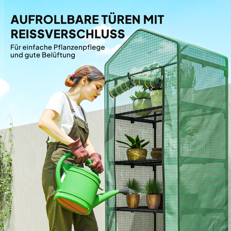 Kasvihuone viidellä hyllytasolla, teräs ja muovi, 69 x 49 x 193 cm, vihreä