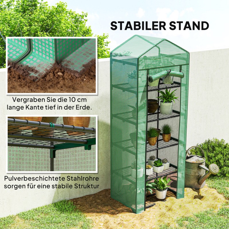 Kasvihuone viidellä hyllytasolla, teräs ja muovi, 69 x 49 x 193 cm, vihreä