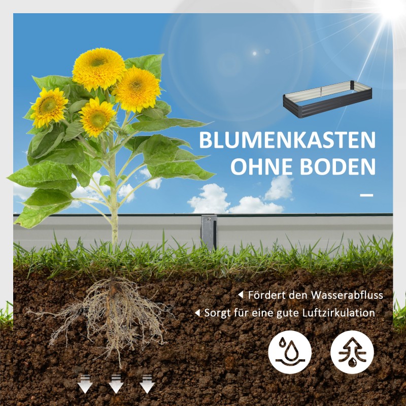 Teräksinen korotettu viljelylaatikko, avoin pohja, 241 x 90,5 x 30 cm, harmaa