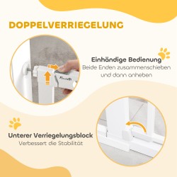 Lemmikkiportti koirille, metallinen painekiinnitteinen turvaportti 75–131 x 76 cm, valkoinen