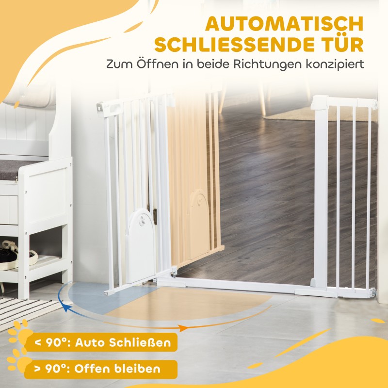 Lemmikkiportti koirille, metallinen painekiinnitteinen turvaportti 75–131 x 76 cm, valkoinen