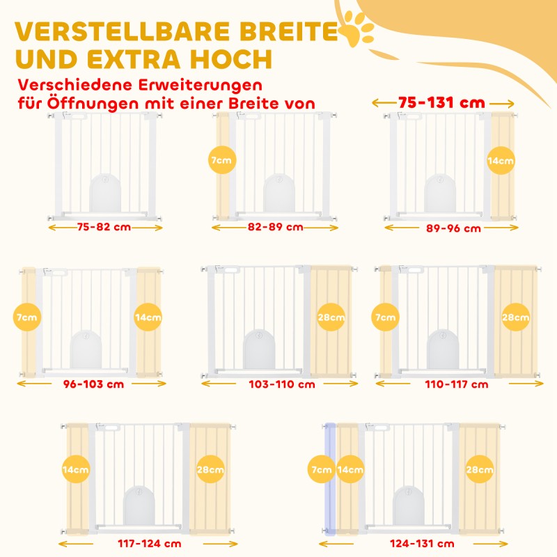 Lemmikkiportti koirille, metallinen painekiinnitteinen turvaportti 75–131 x 76 cm, valkoinen