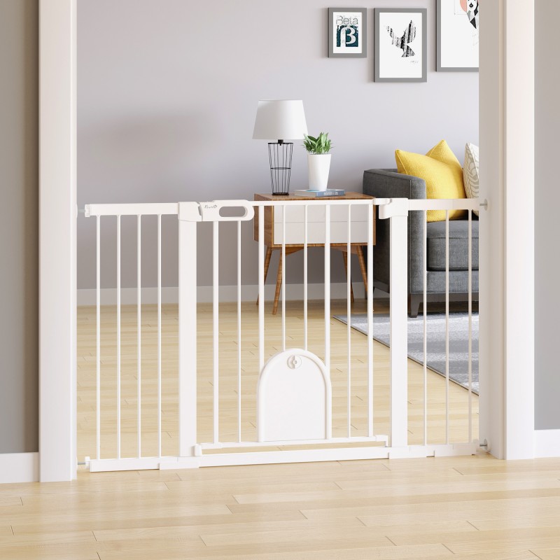 Lemmikkiportti koirille, metallinen painekiinnitteinen turvaportti 75–131 x 76 cm, valkoinen