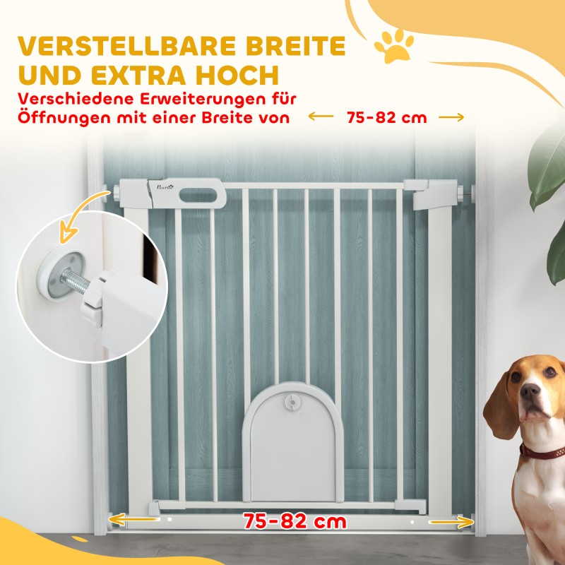 Lemmikkiportti pienellä ovella, säädettävä 75–82 cm, teräs ja muovi, valkoinen