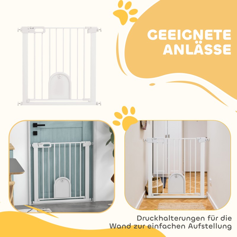Lemmikkiportti pienellä ovella, säädettävä 75–82 cm, teräs ja muovi, valkoinen