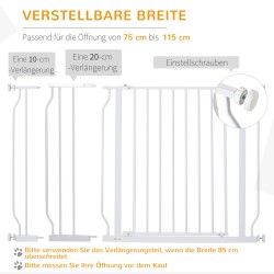 Lemmikin turvaportti koiralle, teräs/ABS, säädettävä leveys 75–115 cm, korkeus 76 cm, valkoinen