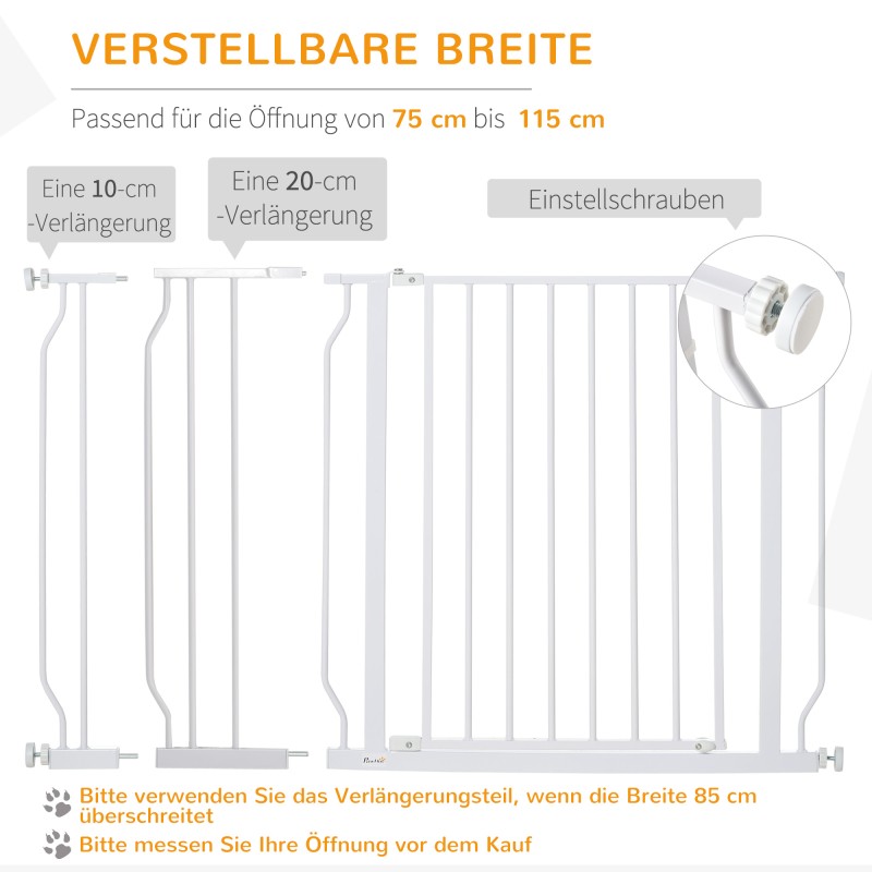 Lemmikin turvaportti koiralle, teräs/ABS, säädettävä leveys 75–115 cm, korkeus 76 cm, valkoinen