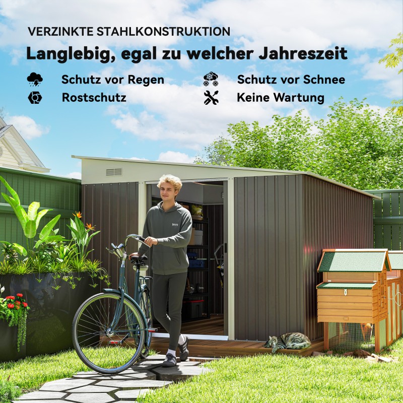 Metallinen pihavarasto liukuovilla, kalteva katto, lukittava, 280 x 345 x 201 cm, harmaa