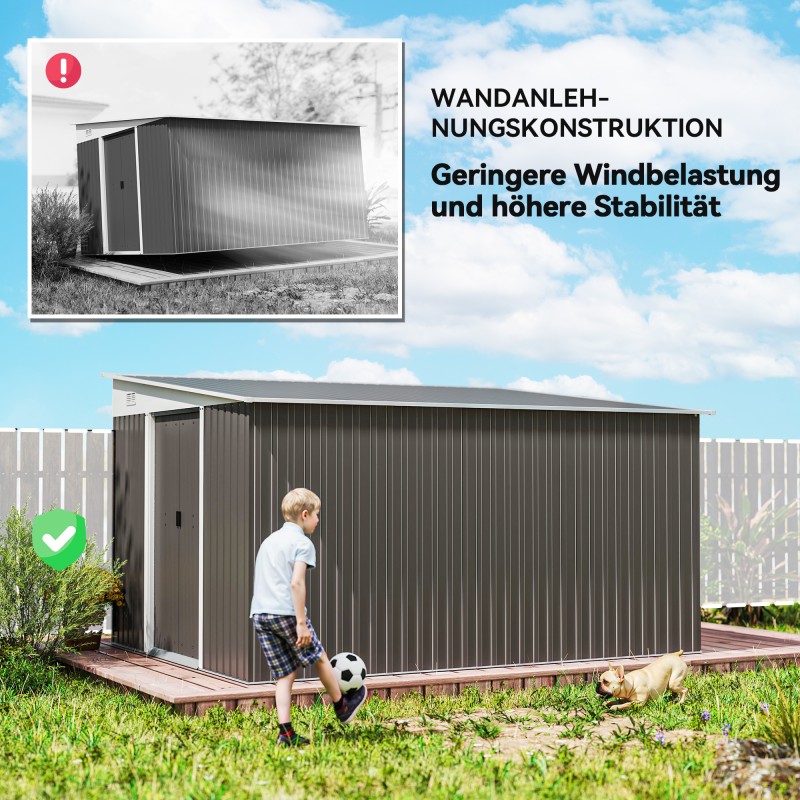 Metallinen pihavarasto liukuovilla, kalteva katto, lukittava, 280 x 345 x 201 cm, harmaa