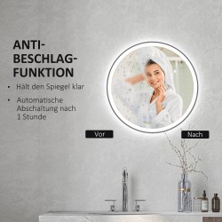 Kylpyhuoneen peili LED-valolla, pyöreä huurteenesto- ja kosketustoiminto, Ø 60 cm, IP44