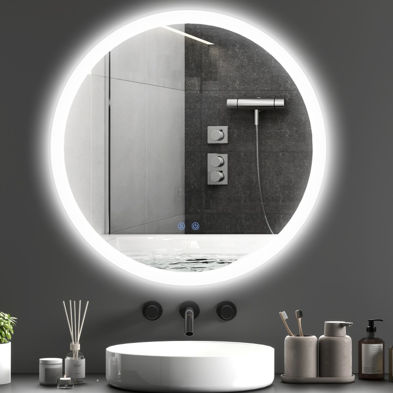 Kylpyhuoneen LED-peili huurteenpoistolla, pyöreä Ø70 cm, kosketusohjaus ja säädettävä valonsävy IP44