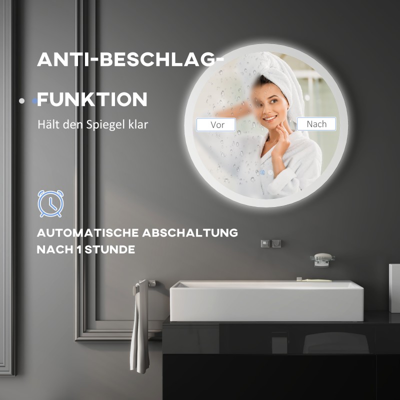 Kylpyhuoneen LED-peili huurteenpoistolla, pyöreä Ø70 cm, kosketusohjaus ja säädettävä valonsävy IP44