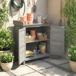 Puutarhakaappi ja istutuspöytä ulkokäyttöön, kuusipuu ja sinkitty metallitaso, 83 x 40 x 92 cm, harmaa