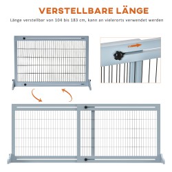 Lemmikkien turvaportti koirille, puu ja metalli, säädettävä leveys 104–183 cm, 69 cm korkea, harmaa/musta
