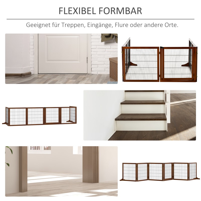 Koiraportti sisäkäyttöön, taittuva puinen koira-aitaus, 6 paneelia, 432 x 36 x 70 cm, kahvi
