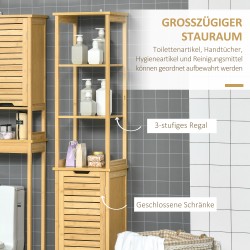 Kylpyhuonekaappi bambua 34 x 30 x 173 cm, kapea korkea kaappi avohyllyillä ja lamelliovella