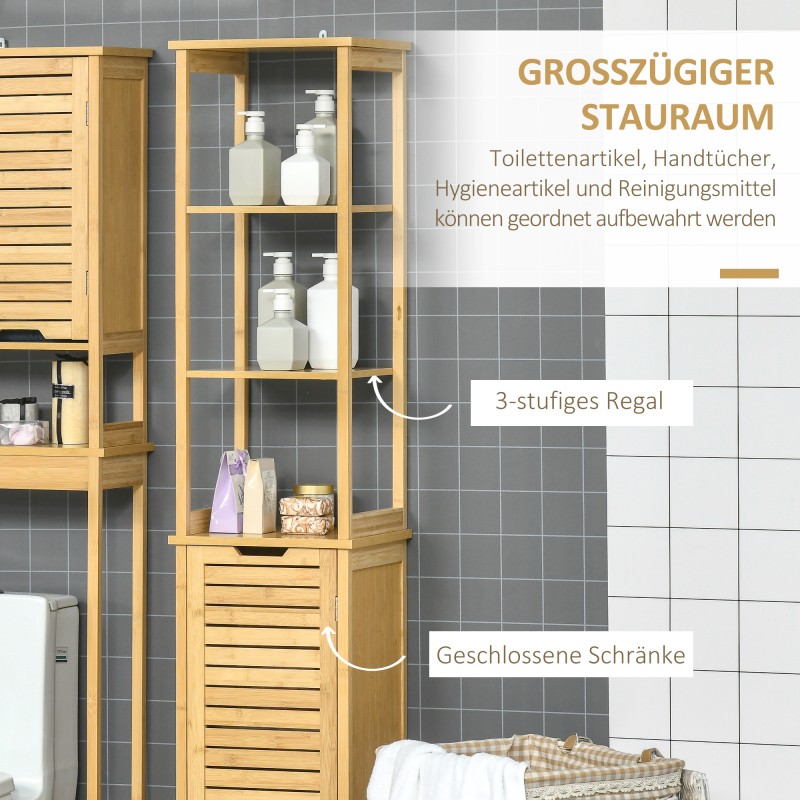 Kylpyhuonekaappi bambua 34 x 30 x 173 cm, kapea korkea kaappi avohyllyillä ja lamelliovella