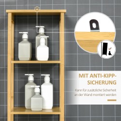 Kylpyhuonekaappi bambua 34 x 30 x 173 cm, kapea korkea kaappi avohyllyillä ja lamelliovella