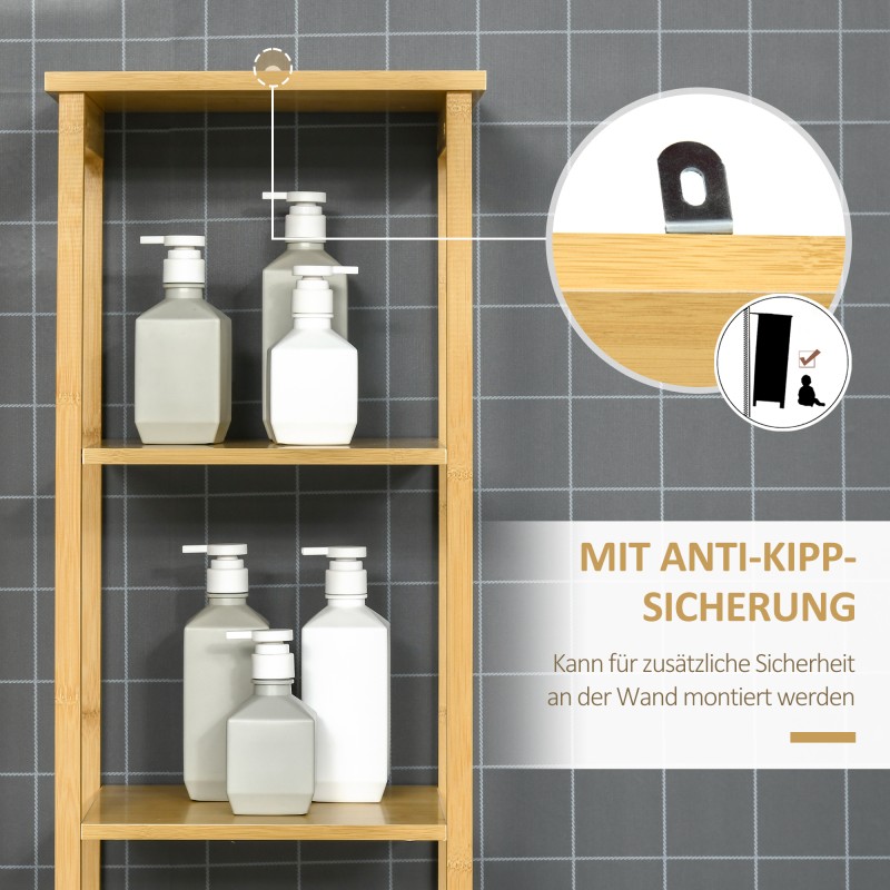 Kylpyhuonekaappi bambua 34 x 30 x 173 cm, kapea korkea kaappi avohyllyillä ja lamelliovella