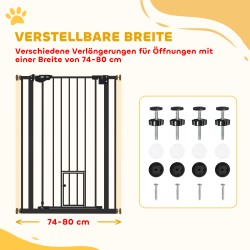 Koiraportti terästä, lisäkorkea 104 cm, säädettävä 74–80 cm, itsesulkeutuva ovi, musta