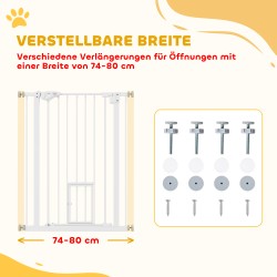 Lemmikkien turvaportti kissanluukulla, teräs, säädettävä leveys 74–80 cm, valkoinen