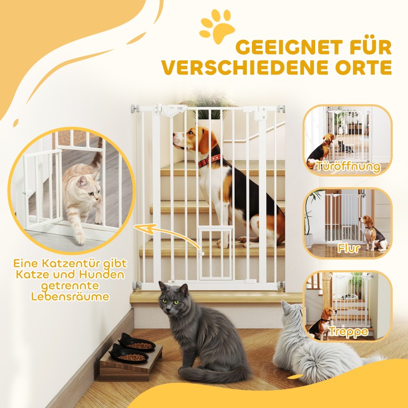 Lemmikkien turvaportti kissanluukulla, teräs, säädettävä leveys 74–80 cm, valkoinen