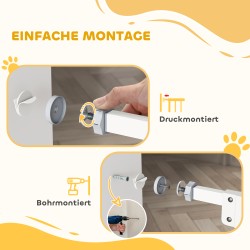 Lemmikkien turvaportti kissanluukulla, teräs, säädettävä leveys 74–80 cm, valkoinen