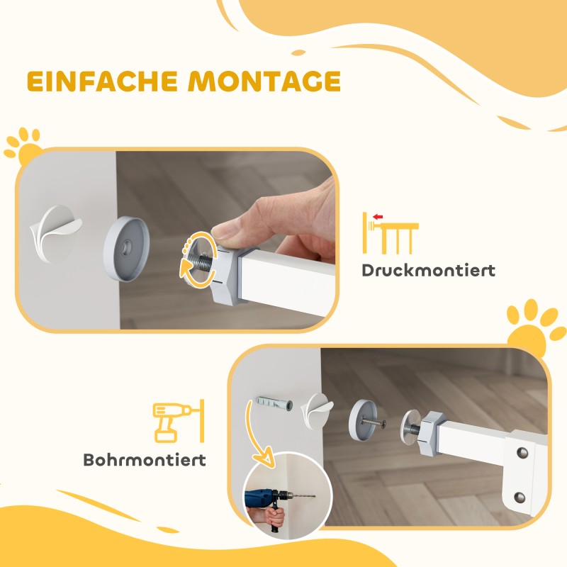 Lemmikkien turvaportti kissanluukulla, teräs, säädettävä leveys 74–80 cm, valkoinen