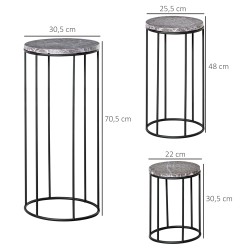 Metallinen kasviteline 3 kpl setti, marmorikuvioitu taso, pinottava, musta–harmaa