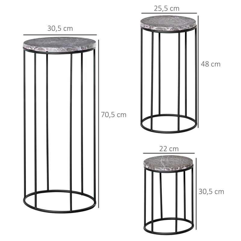 Metallinen kasviteline 3 kpl setti, marmorikuvioitu taso, pinottava, musta–harmaa