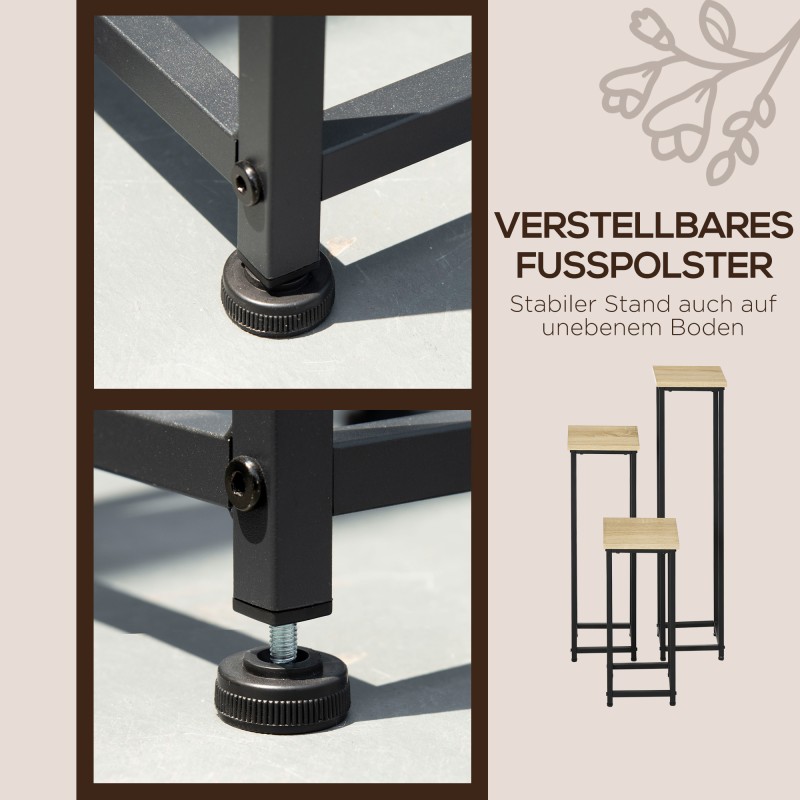 Kukkapöytäsarja 3-osainen metallinen, teräs ja lastulevy, 21 x 21 x 50/70/90 cm, musta/ruskea