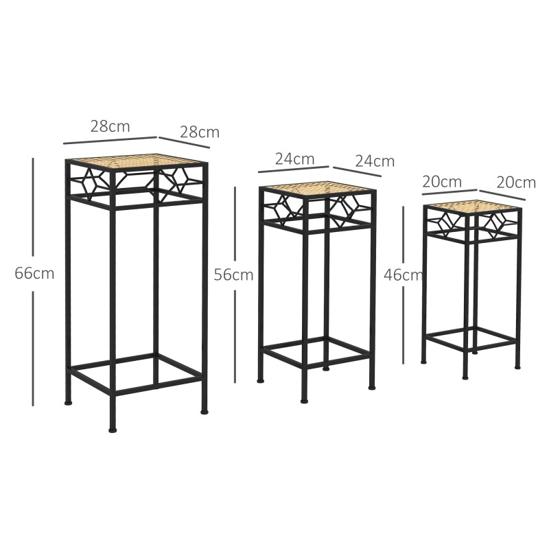 Kukkatelineet 3 kpl setti, metalli, pinottava, halkaisijat 20/24/28 cm, musta/kulta, sisä- ja ulkokäyttöön