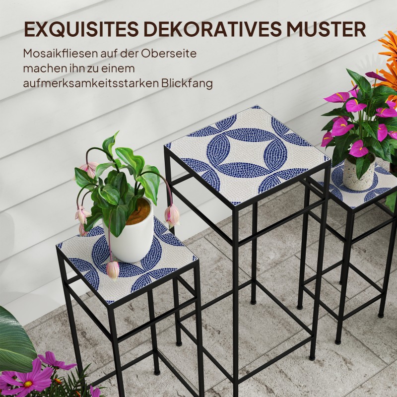 Kukkapöytäsetti 3 kpl, metallirunko ja mosaiikkilaatta, sininen-valkoinen, 28/23/18 cm