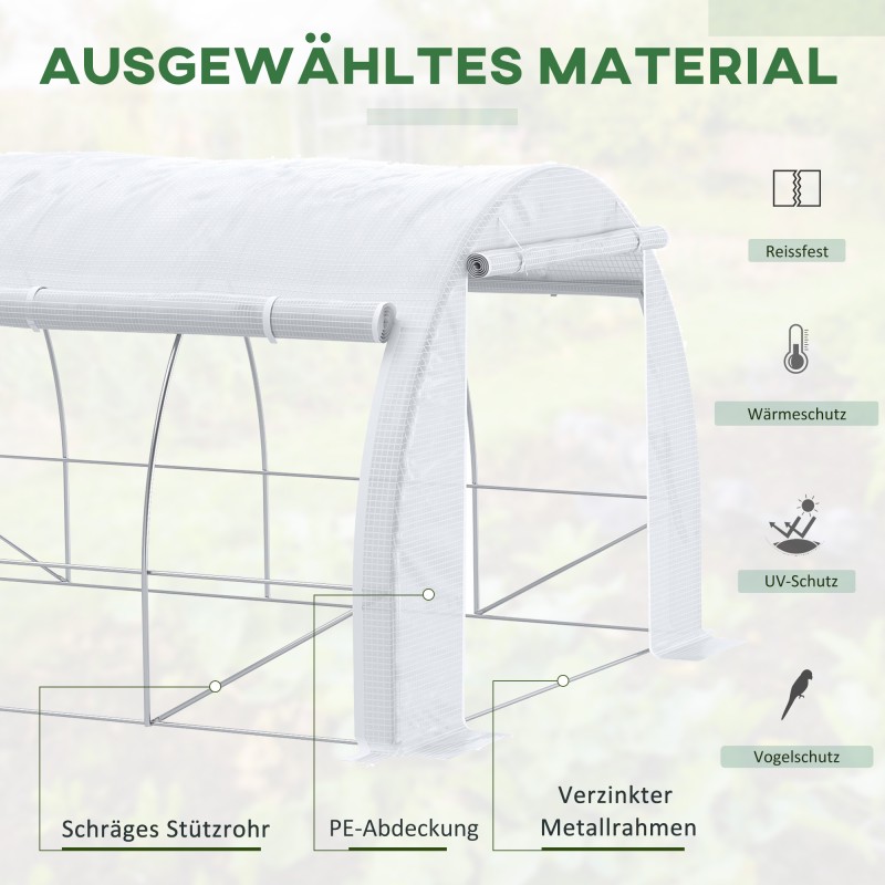 Tunnelikasvihuone, galvanoitu teräsrunko, PE-muovipeite, 4 x 3 x 2 m, valkoinen