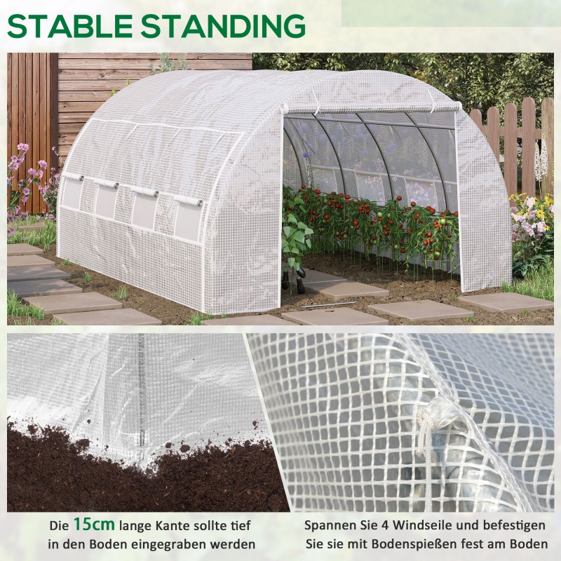 Tunnelikasvihuone, galvanoitu teräsrunko, PE-muovipeite, 4 x 3 x 2 m, valkoinen