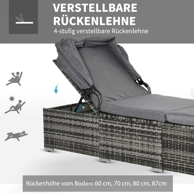 Puutarhan aurinkovuode polyrottinkia aurinkokatoksella, säädettävä, harmaa 195 x 65 x 40 cm