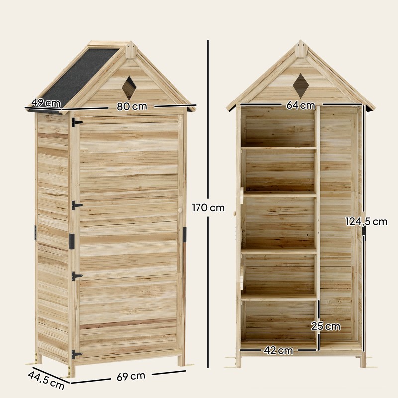 Puinen pihavarasto 4 hyllyllä, kuusipuu, huopakatto, 80 x 49 x 170 cm, luonnonpuu
