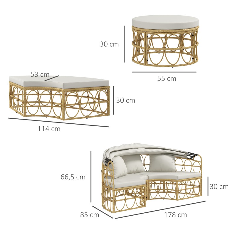 Aurinkopeti ulkokäyttöön 4-osainen polyrottinki 178 x 85 x 66,5 cm luonnonväri / creme