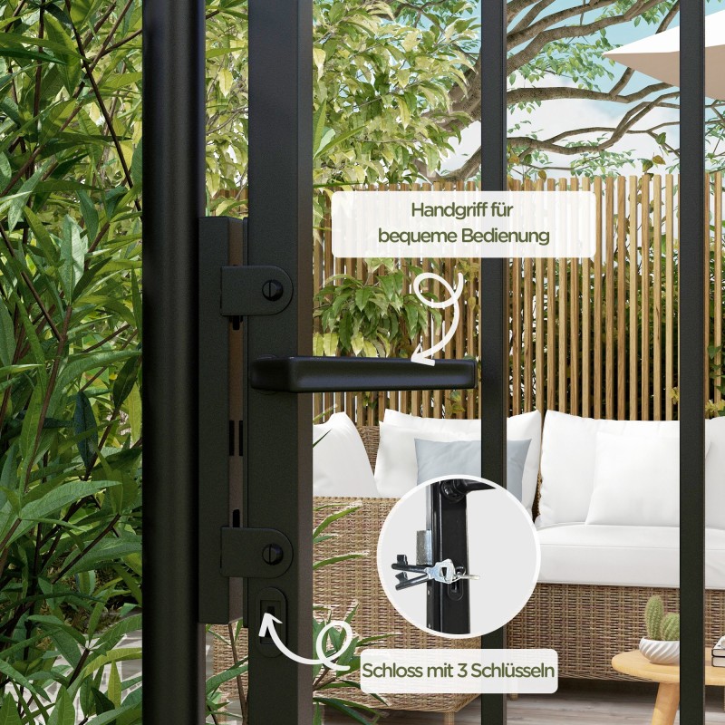 Metallinen pihaportti lukolla ja avaimilla, galvanoitu teräs, 107 x 204 cm, musta