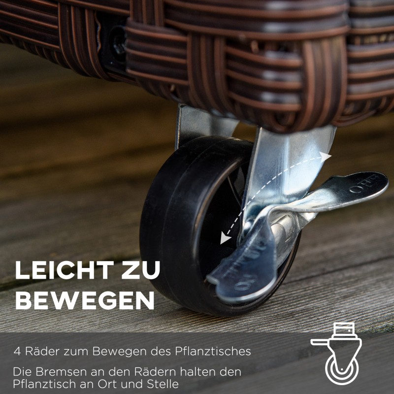 Polyrottinkinen istutuslaatikko pyörillä, valumisaukoilla, 94,5 x 31 x 36 cm, kahvinruskea