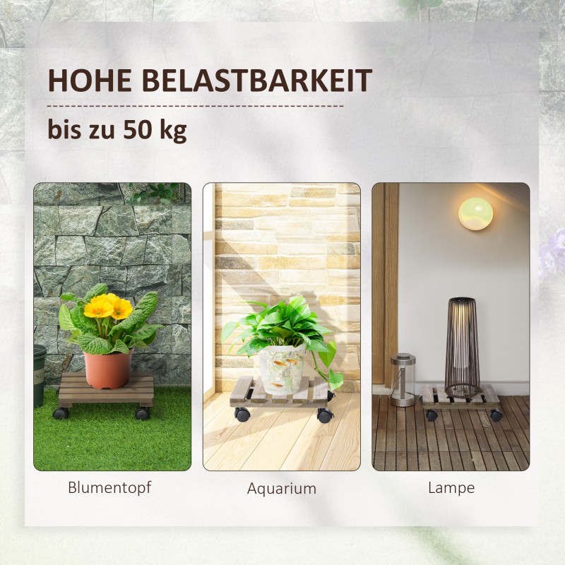 Pyörällinen kasvien alus 2 kpl, massiivipuu, 30 x 30 x 7 cm, ruskea ja musta