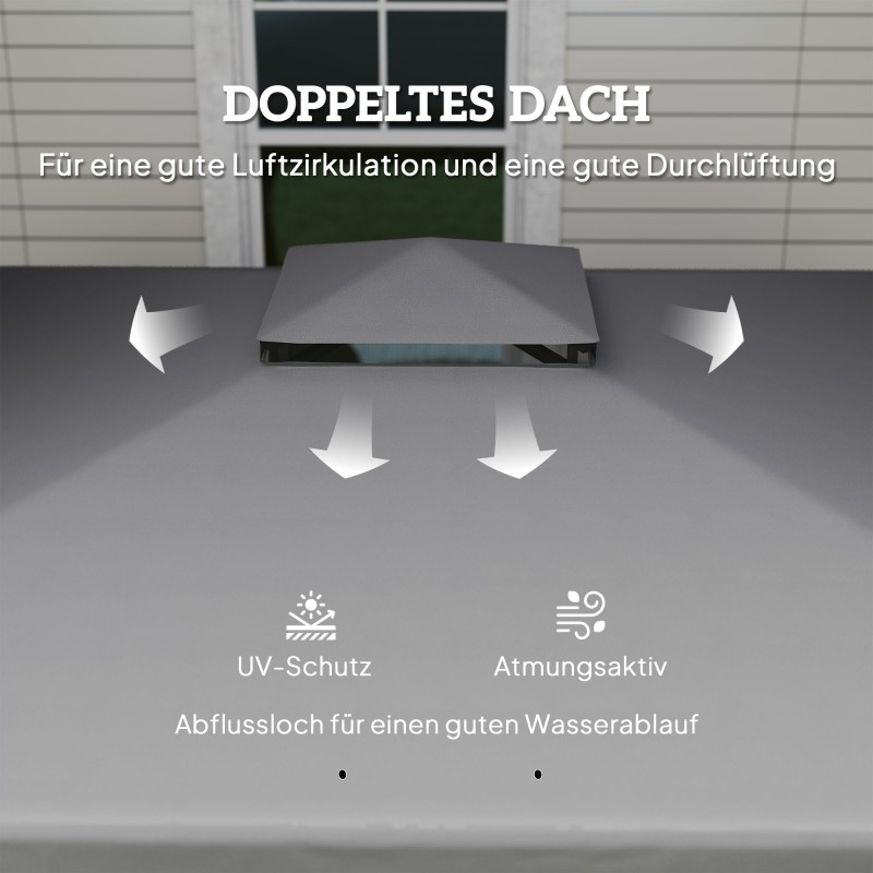 Puutarhapaviljonki ulkokäyttöön 3 x 3 m, vedenhylkivä, metallirunko, tuplakatto, tummanharmaa
