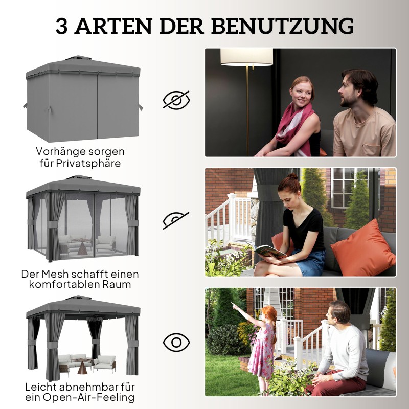 Puutarhapaviljonki ulkokäyttöön 3 x 3 m, vedenhylkivä, metallirunko, tuplakatto, tummanharmaa