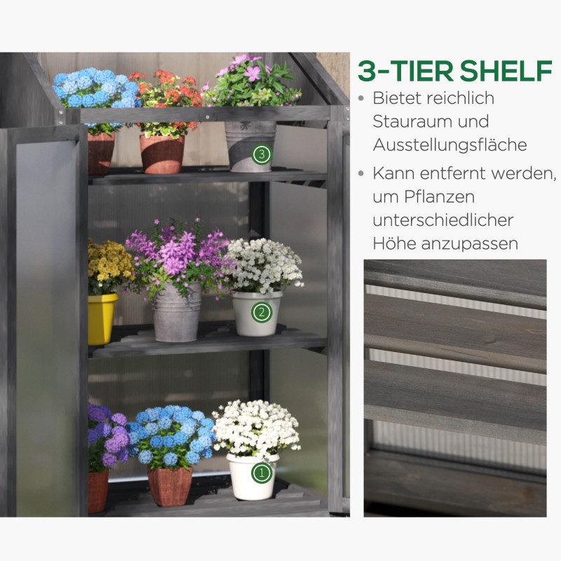 Pieni puinen kasvihuone 3 hyllyllä 70 x 50 x 120 cm harmaa