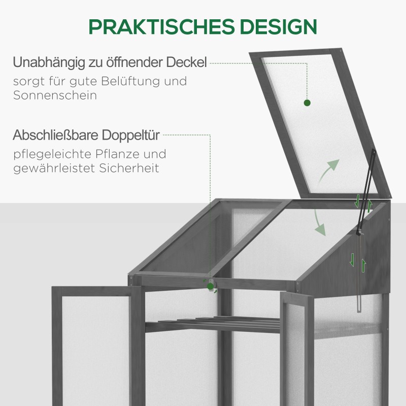 Pieni puinen kasvihuone 3 hyllyllä 70 x 50 x 120 cm harmaa