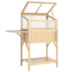 Korotettu istutuslaatikko kasvatuskannella ja sivupöydällä kuusipuuta 104 x 50 x 120 cm luonnonpuu