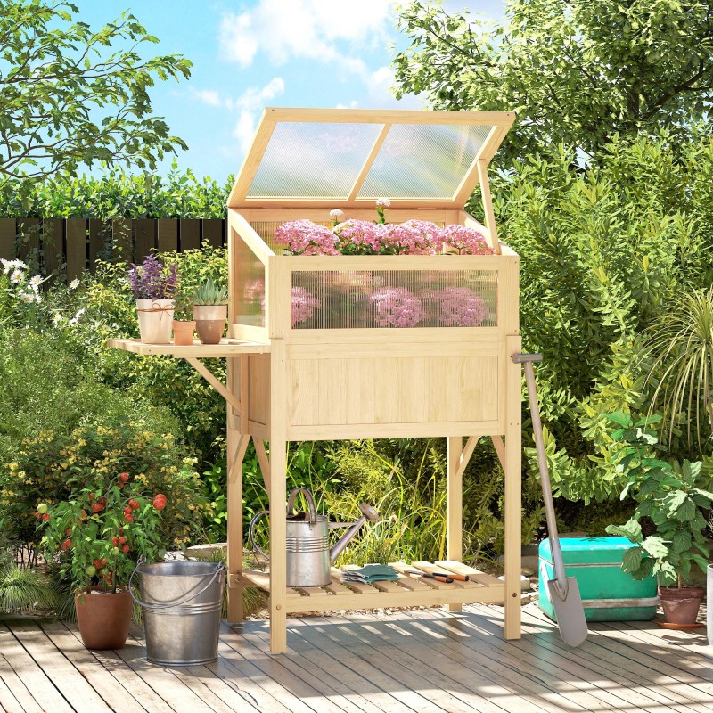 Korotettu istutuslaatikko kasvatuskannella ja sivupöydällä, kuusipuuta, 104 x 50 x 120 cm, luonnonpuu