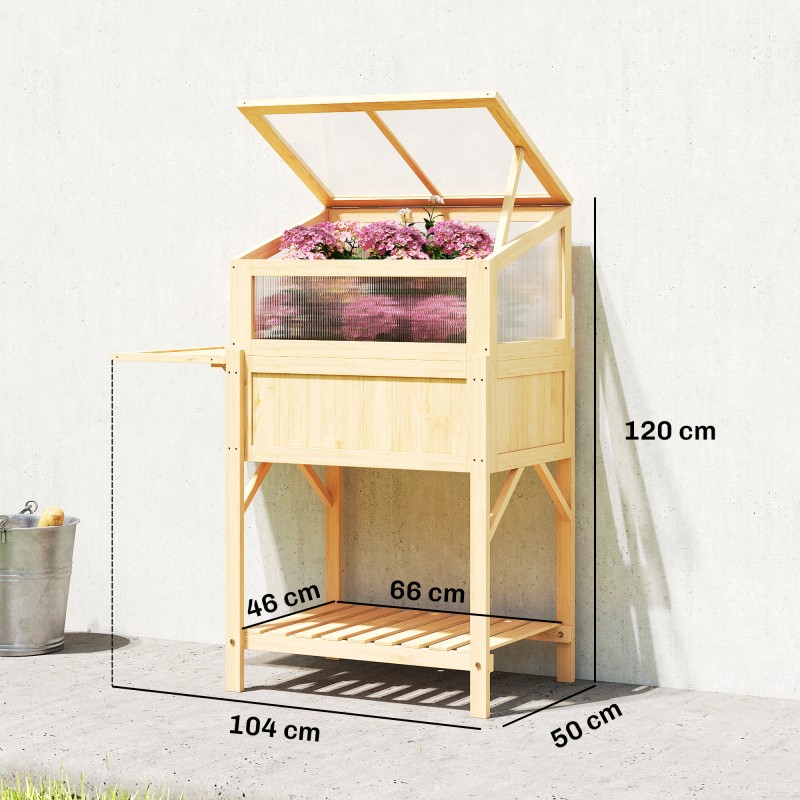 Korotettu istutuslaatikko kasvatuskannella ja sivupöydällä, kuusipuuta, 104 x 50 x 120 cm, luonnonpuu