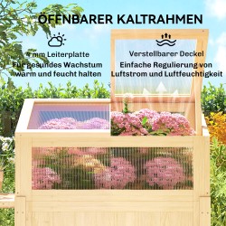 Korotettu istutuslaatikko kasvatuskannella ja sivupöydällä, kuusipuuta, 104 x 50 x 120 cm, luonnonpuu