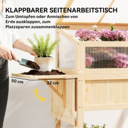 Korotettu istutuslaatikko kasvatuskannella ja sivupöydällä, kuusipuuta, 104 x 50 x 120 cm, luonnonpuu